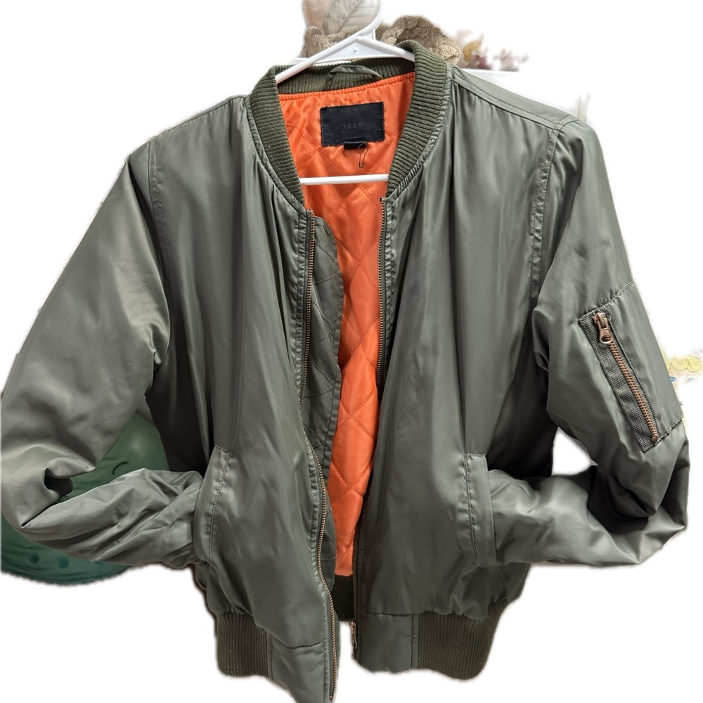 Iris Olive Green Bomber Jacket with Orange Lining